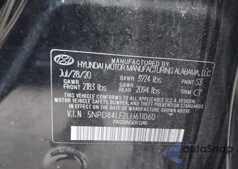 2020 Hyundai Elantra Sel из США, поврежденный, VIN 5NPD84LF2LH611060